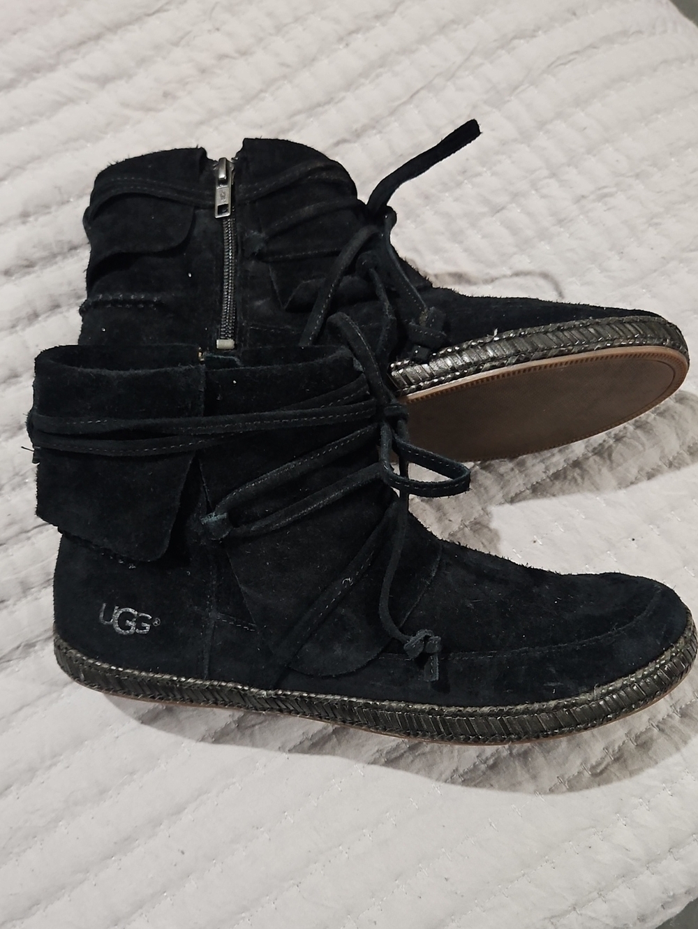 UGG Black Suede Lace-Up & Zip Ankle Booties Sz 8